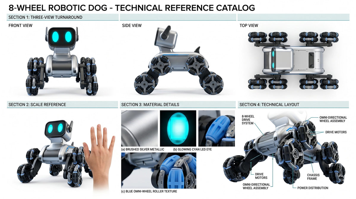 RustyBot robot dog toy close-up showing eight-wheel stunt chassis