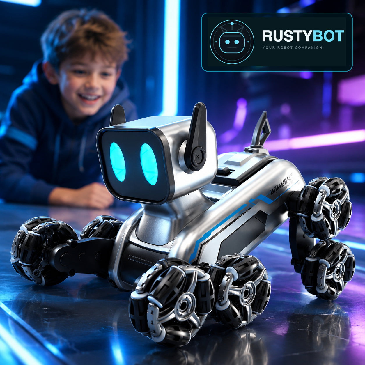 RustyBot remote-control robot dog stunt toy with a child, eight wheels and glowing eyes